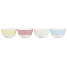 4-piece porcelain dessert bowl set in pale yellow, pink, white, and light blue with small butterfly accents.