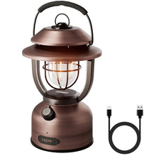 Retro metal LED rechargeable lantern with warm glow, top handle, front knob, USB cable