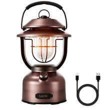 Retro metal LED lantern with warm glow, top handle, front control dial, and USB cable