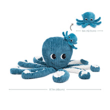 Blue octopus mom plush with small baby octopus on the tentacles