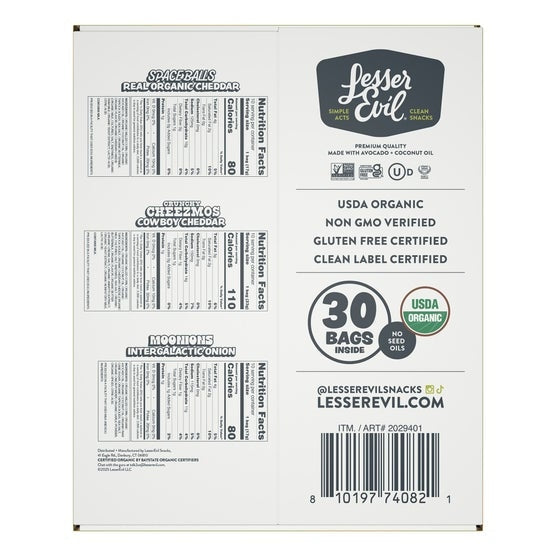 Lesser Evil Organic Snacks, Variety Pack, 30-count