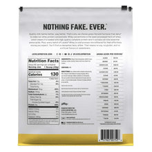 Whey protein powder bag back panel with Nutrition Facts and ingredients table, yellow base