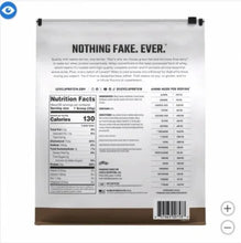 Whey protein powder pouch back with Nutrition Facts and barcode