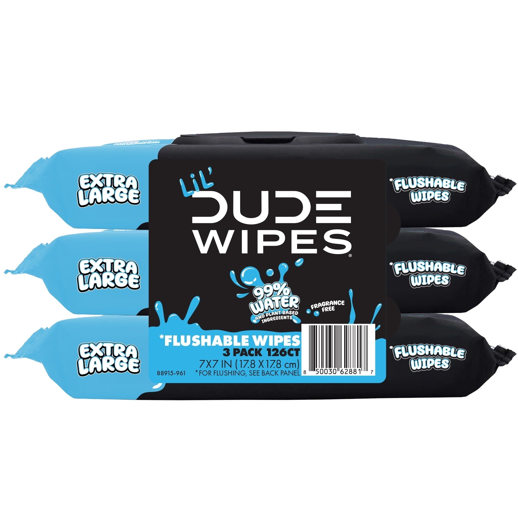 LiL' DUDE Flushable Wipes, Extra Large Fragrance Free Wet Wipes, 126 Count, 3 Pack