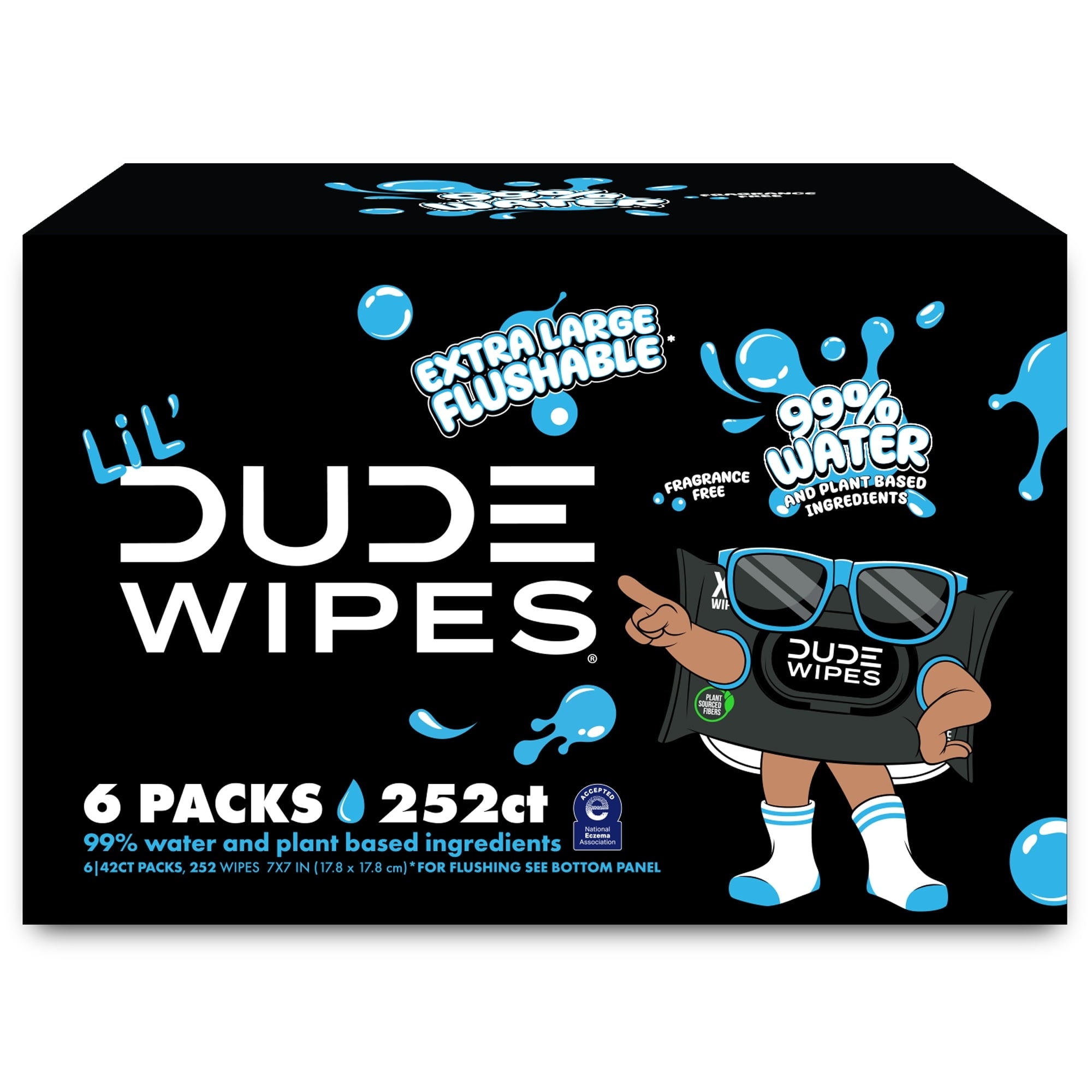 LiL' DUDE Flushable Wipes, Extra Large Fragrance Free Wet Wipes, 252 Count, 6 Pack