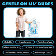Flushable, hypoallergenic wet wipes infographic, plastic-free, dermatologically tested
