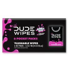 Flushable pocket wipes 6-pocket pack box in black with Bubble Gum scent label