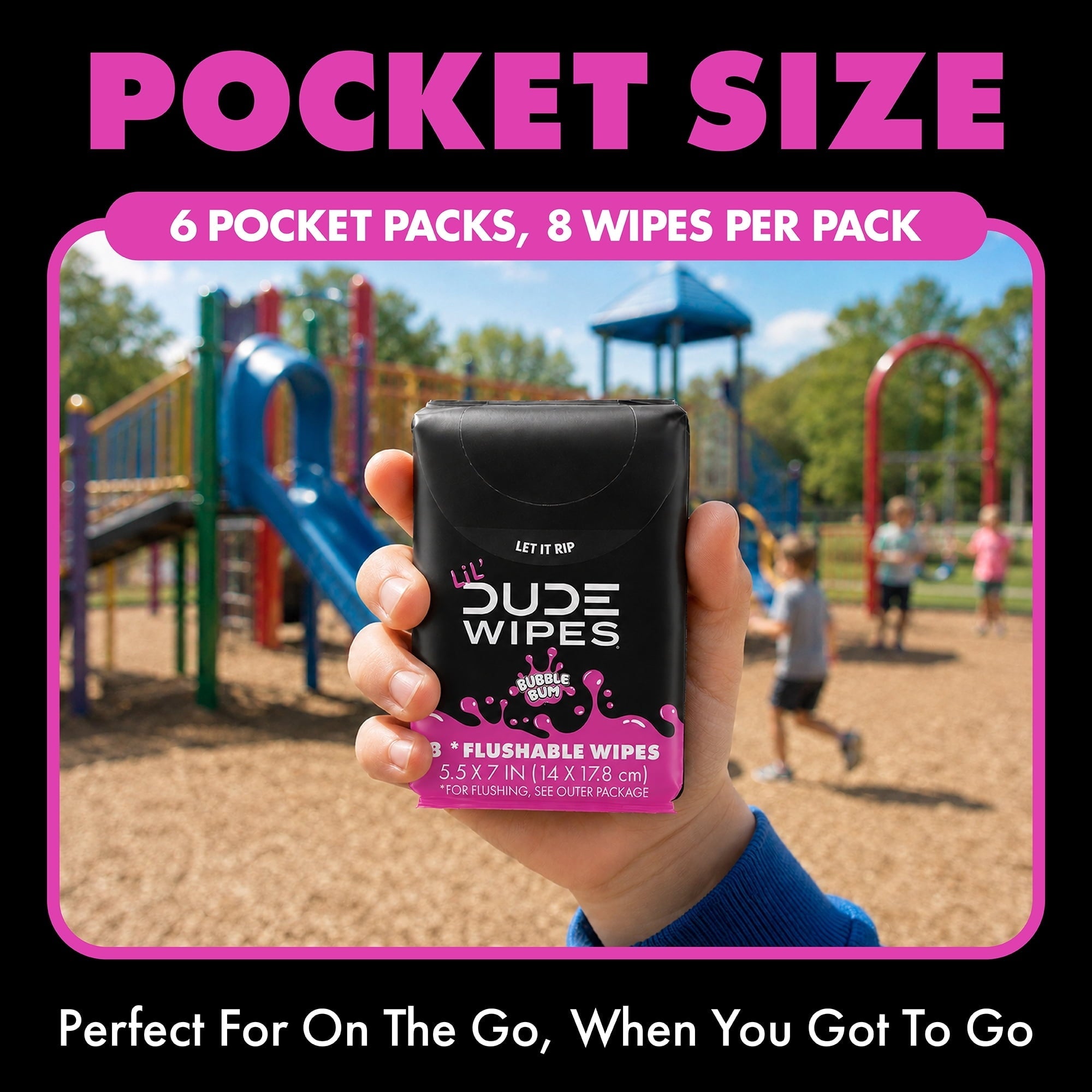 LiL' DUDE Pocket Packs Flushable Wipes, Extra Large Bubble Bum Wet Wipes, Bubble Gum Scent, 8 Count, 6 Pack