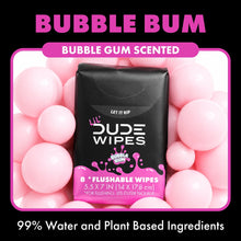 Flushable Bubble Gum scented wipes pouch in front of pink bubble-themed balloons