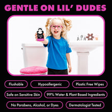 Flushable wipes pouch held by a child, with gentle skin and safe-use icons