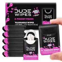 Flushable pocket wipes 6-pack with Bubble Gum scent and separate wipe pouch