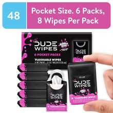 Flushable pocket wipes 6-pack with Bubble Gum scent, shown with loose wipe pouches