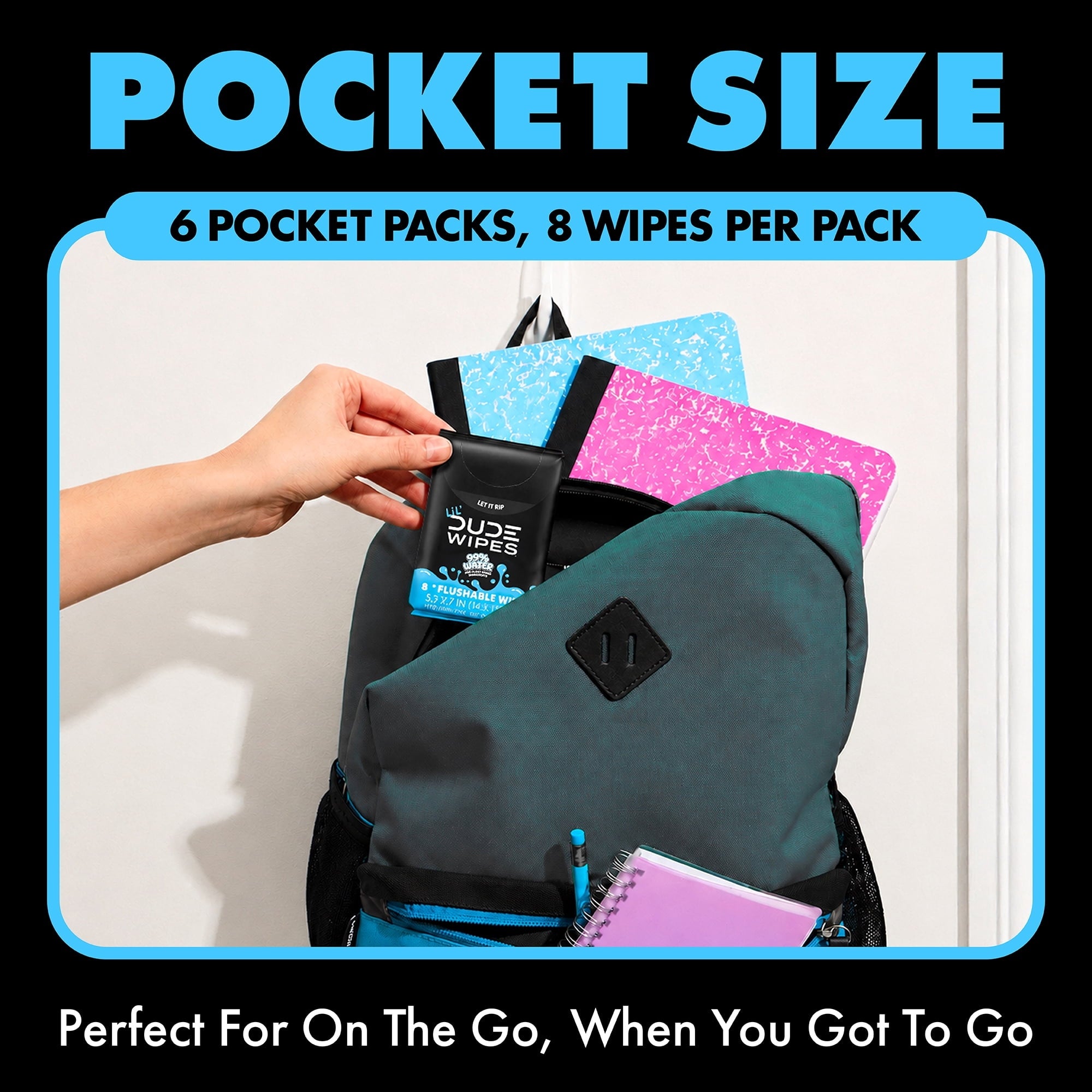 LiL' DUDE Pocket Packs Flushable Wipes, Extra Large Fragrance Free Wet Wipes, 8 Count, 6 Pack
