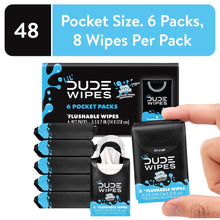 Flushable pocket wipes 6-pack with black wipe packs and one wipe pulled out; fragrance-free