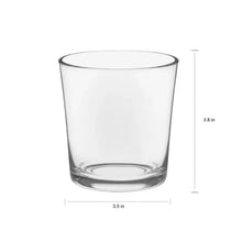 Clear short glass tumbler with wide rim and flat base