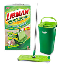 Green flat mop system with bucket, handle, and microfiber pad base