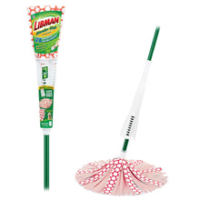 Microfiber mop head with red patterned cloth and green steel handle