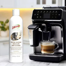 Coffee machine descaler and cleaner beside coffee maker, bottle and machine shown