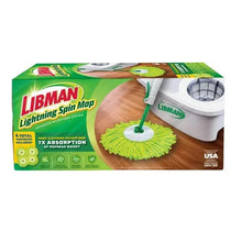 Libman Lightning Spin Mop system box with green microfiber pad and white spin bucket