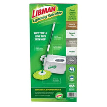 Libman Lightning Spin Mop system retail box with handle, green mop pad, and features