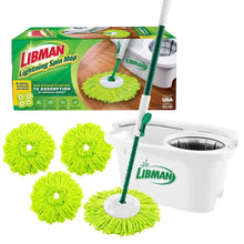 Lightning Spin mop system with white bucket, green microfiber mop heads, and handle