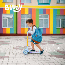 Kids light-up 3-wheel scooter with light-blue deck, yellow stem, and Bluey wheel graphics