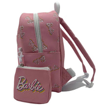 Mini backpack, mauve pink with Barbie script print, front pocket, gray padded straps