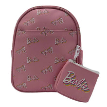 Mini backpack with allover Barbie logo print, mauve pink, front zip pocket and logo pouch