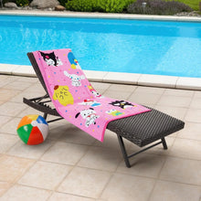 Kids beach towel, pink cartoon character print on black-trim border