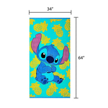 Kids beach towel with turquoise Stitch and pineapple design, 34 in x 64 in