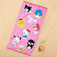 Kids beach towel, pink with assorted cute cartoon animal faces