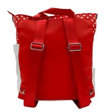 Red and gray character tote with polka-dot top, adjustable shoulder straps and metal buckles