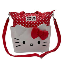 Character tote with red polka-dot top, gray Hello Kitty face, red bow, side straps
