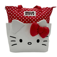 Character tote with red polka-dot top, gray Hello Kitty face, large red bow front
