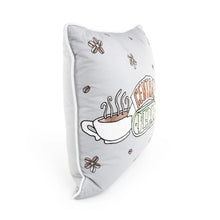 Licensed decorative throw pillow, 20 x 20 in, side view in light gray/white with Central Perk
