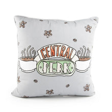 Licensed decorative throw pillow, 20 x 20 in, white with Central Perk logo and icons
