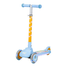 Kids light-up 3-wheel scooter with blue handle grips, yellow stem, and Bluey deck