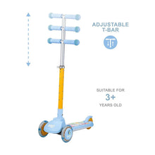 Kids light-up 3-wheel scooter with adjustable T-bar handle, yellow stem, and Bluey deck