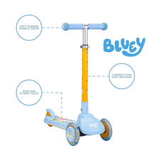Kids light-up 3-wheel scooter with wide light-blue deck, yellow stem, and Bluey wheel decals