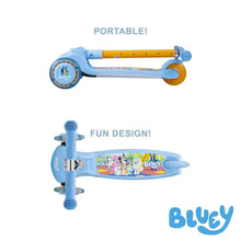 Kids light-up 3-wheel scooter side view with printed light-blue deck and Bluey wheel decals