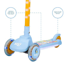 Kids light-up 3-wheel scooter front, light-blue deck with Bluey logo and yellow stem