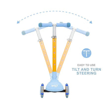 Kids light-up 3-wheel scooter front view with three handle grips, yellow stem, Bluey wheels