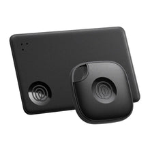 Black Bluetooth tracker with circular speaker pads, shown as a mate and slim set