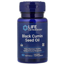 Black cumin seed oil softgel bottle with blue label and dark cap