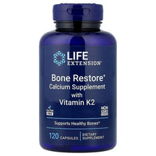 Blue supplement bottle labeled Bone Restore with vitamin K2, 120 capsules