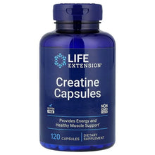 Creatine capsules bottle in dark blue with blue cap and LIFE EXTENSION label
