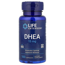 Life Extension DHEA bottle, front label 15 mg, Non-GMO, 100 capsules dietary supplement