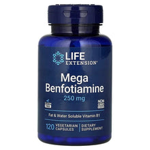 Life Extension Mega Benfotiamine bottle, dark blue label for 120 vegetarian capsules