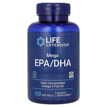 Life Extension Mega EPA/DHA softgel bottle, blue, 120 softgels