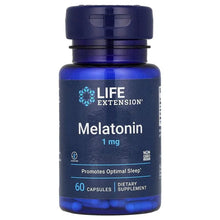 Melatonin dietary supplement bottle, blue label, 1 mg, 60 vegetarian capsules
